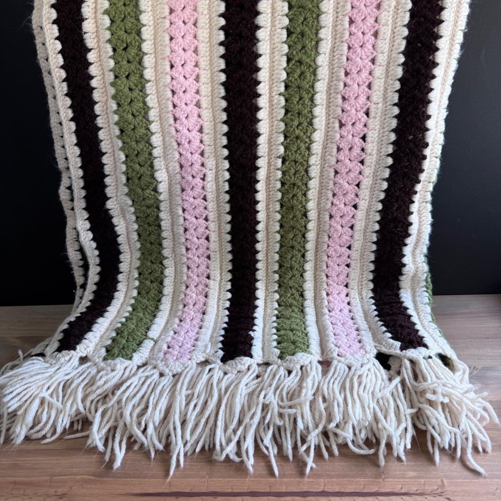 Vintage 80's handmade afghan throw blanket brown, pink, cream and green